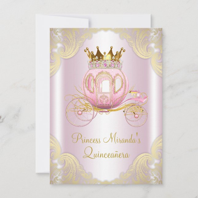 Convite Cinderela Rosa Ouro Princesa Quinceanera (Frente)