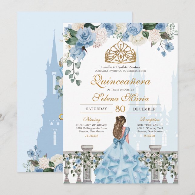 Convite Cinderela Rosas Azul e Princesa Dourada Quinceañer (Frente/Verso)