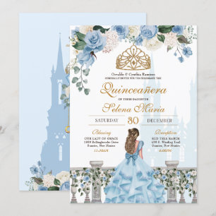 Convite Cinderela Rosas Azul e Princesa Dourada Quinceañer