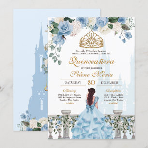 Convite Cinderela Rosas Azul e Princesa Dourada Quinceañer
