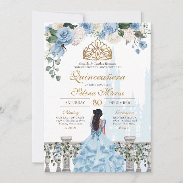 Convite Cinderela Rosas Azul e Princesa Dourada Quinceañer (Frente)