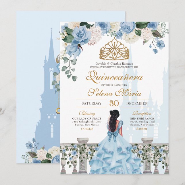 Convite Cinderela Rosas Azul e Princesa Dourada Quinceañer (Frente/Verso)
