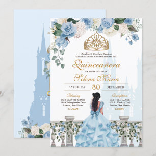 Convite Cinderela Rosas Azul e Princesa Dourada Quinceañer