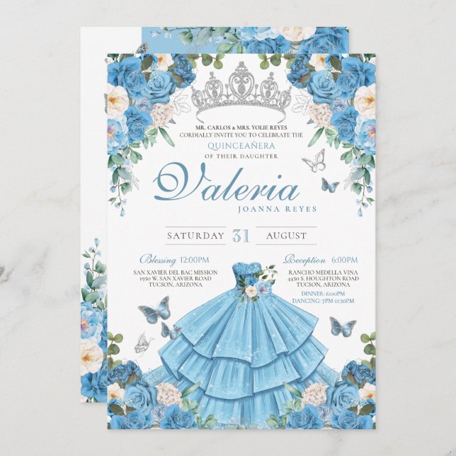 Convite Cinderela Silver Blue Butterfly Princess Birday (Frente/Verso)