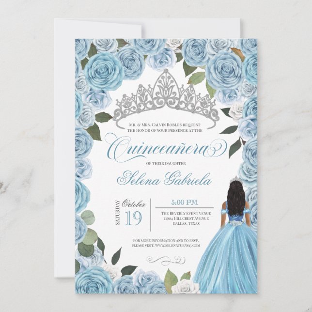 Convite Cinderella Ball Blue Rosa Princesa V2 Quinceanera (Frente)