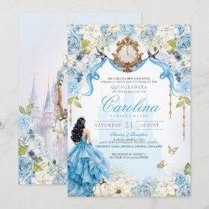 Convite Cinderella Blue e Dourada Princesa Quinceanera