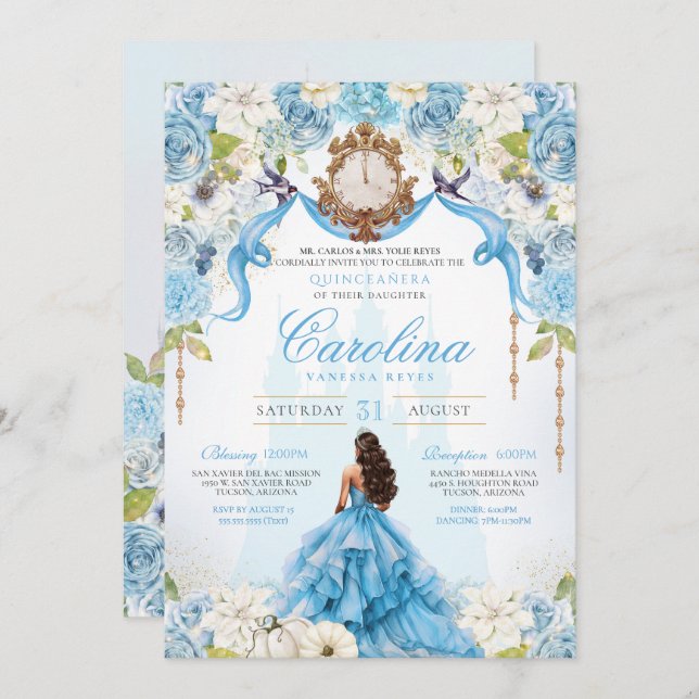 Convite Cinderella Blue Luxury Princesa Quinceanera (Frente/Verso)