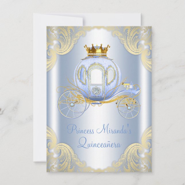 Convite Cinderella Blue Princesa Dourada Quinceanera (Frente)