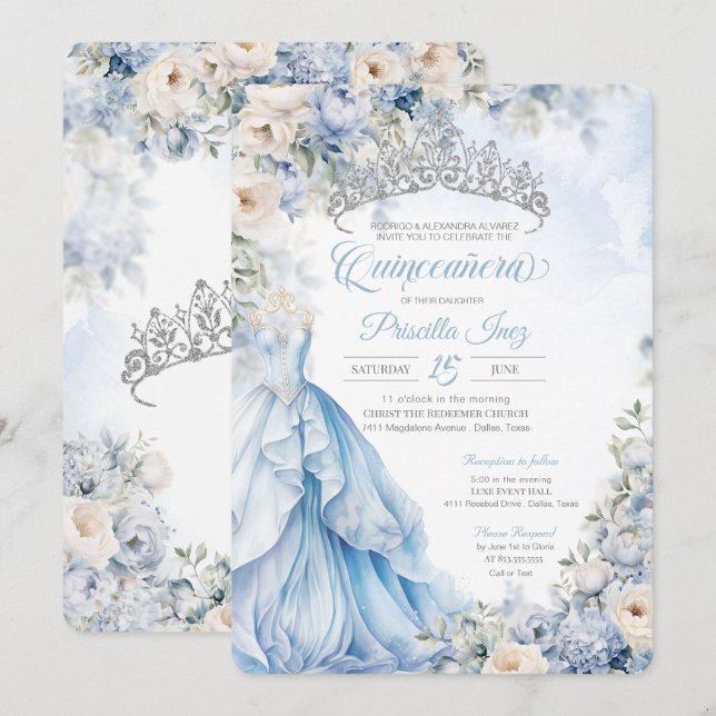 Convite Cinderella Blue Princess Fairytale Quinceañera (Frente/Verso)