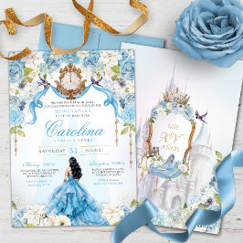 Convite Cinderella Blue Rosa Luxury Princesa Quinceanera