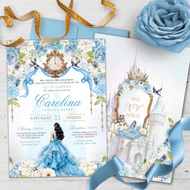 Convite Cinderella Blue Rosa Luxury Princesa Quinceanera (Criador carregado)