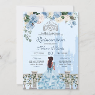 Convite Cinderella Blue Rosa Silver Princess Quinceañera