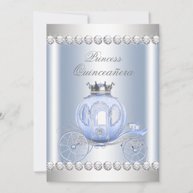 Convite Cinderella Blue Silver Princess Quinceanera (Frente)