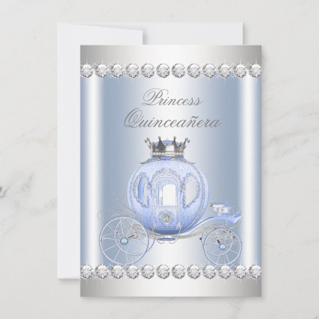 Convite Cinderella Blue Silver Princess Quinceanera (Frente)