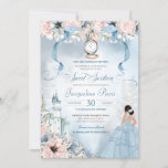 Convite Cinderella Fairy Tale Princess Sweet 16 Aniversári<br><div class="desc">Este belo e elegante convite de conto de fadas convidará seus convidados com um tema Cinderela, com um castelo, belo botânico floral rosa e azul, um escorregador de vidro desaparecido e o convidado de honra em um vestido de bola maravilhoso. Todo texto é totalmente personalizável e pode ser editado de...</div>