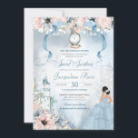 Convite Cinderella Fairy Tale Princess Sweet 16 Aniversári<br><div class="desc">Este belo e elegante convite de conto de fadas convidará seus convidados com um tema Cinderela, com um castelo, belo botânico floral rosa e azul, um escorregador de vidro desaparecido e o convidado de honra em um vestido de bola maravilhoso. Todo texto é totalmente personalizável e pode ser editado de...</div>