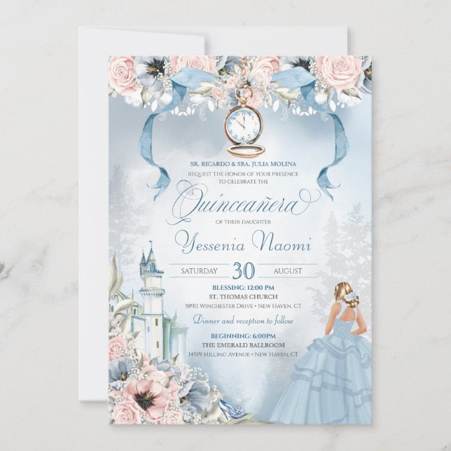 Convite Cinderella Princess Castle Fairy Tale Quinceanera (Frente)