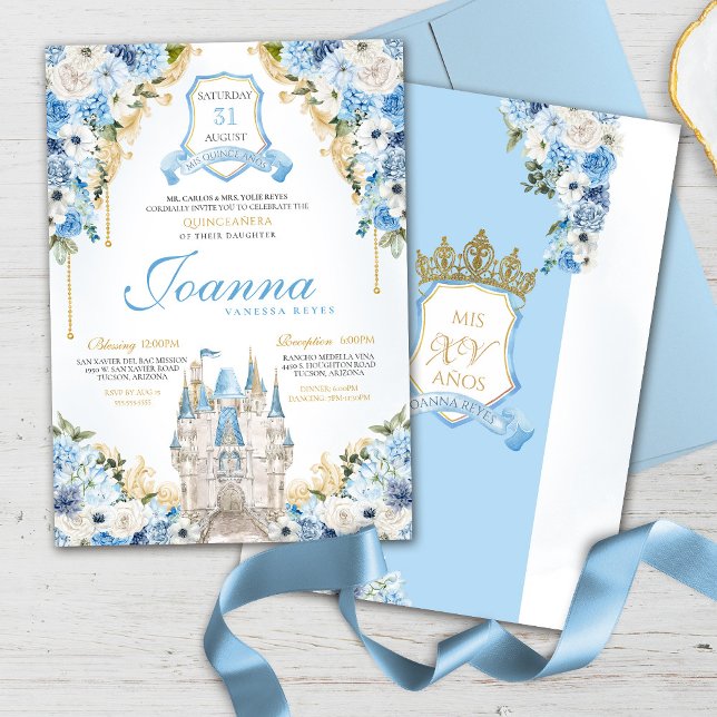 Convite Cinderella Princess Castle Light Blue Quinceanera (Criador carregado)