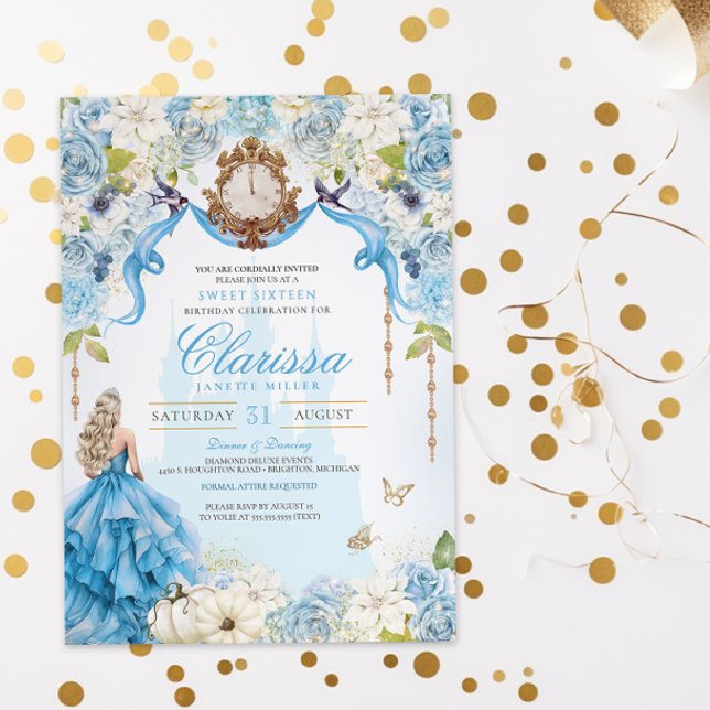 Convite Cinderella Princess Light Blue e Dourado Sweet 16 (Criador carregado)
