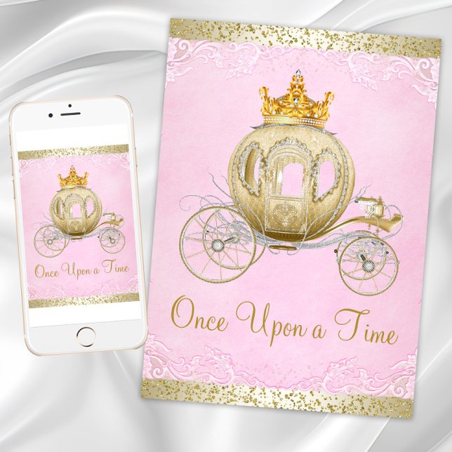 Convite Cinderella Rosa Era Uma Vez Princesa Aniversário (Pink gold princess birthday party invitation with gold carriage on pink gold back. Any event.)