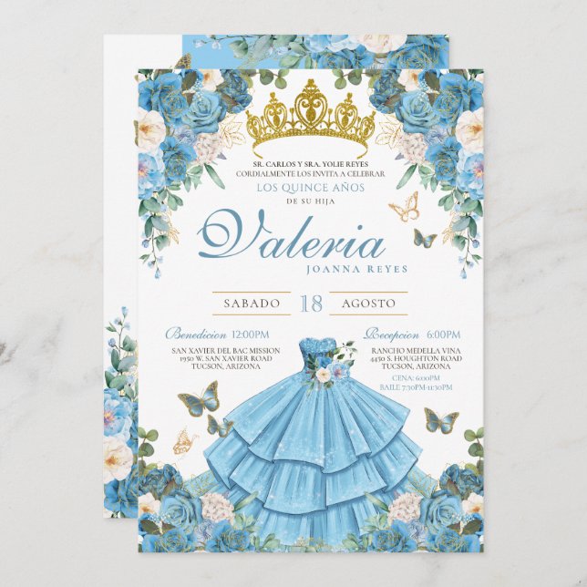 Convite Cinderlla Blue Elegante Princesa Quinceañera (Frente/Verso)