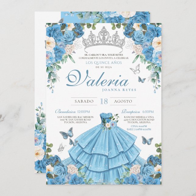 Convite Cinderlla Blue Silver Princesa Elegante Quinceañer (Frente/Verso)
