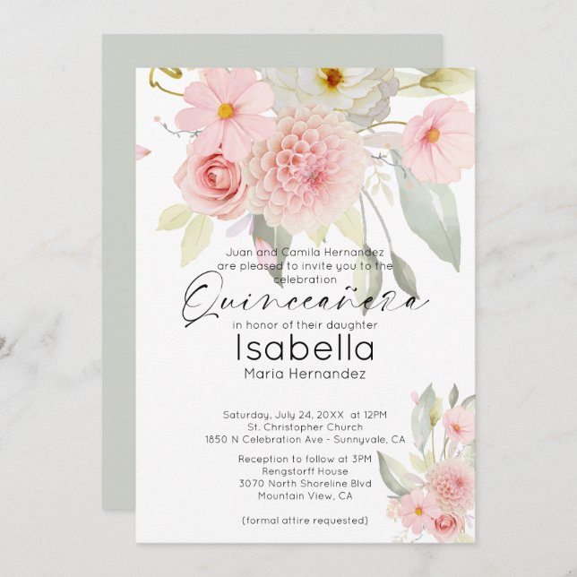 Convite Cinecera Floral Russo Cor-de-Água Rosa (Frente/Verso)