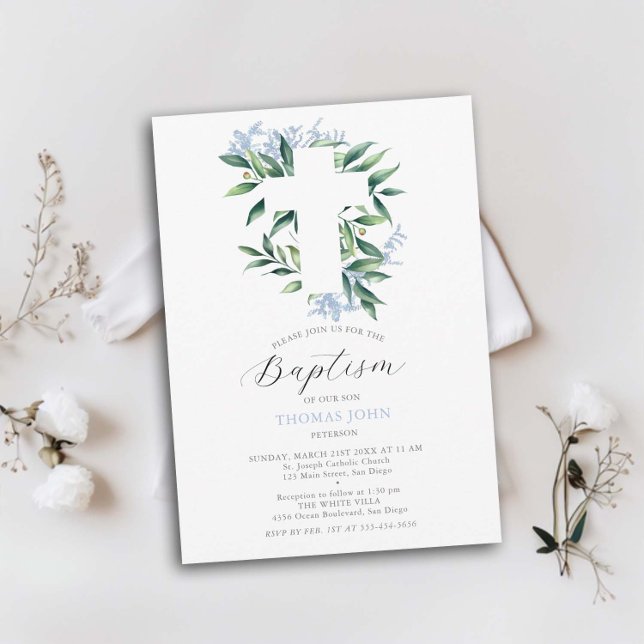 Convite Cinegrafista Azul Cruz Azul Botânica Batismo (baby boy baptism invitation greenery white cross foliage watercolor elegant simple classic modern)