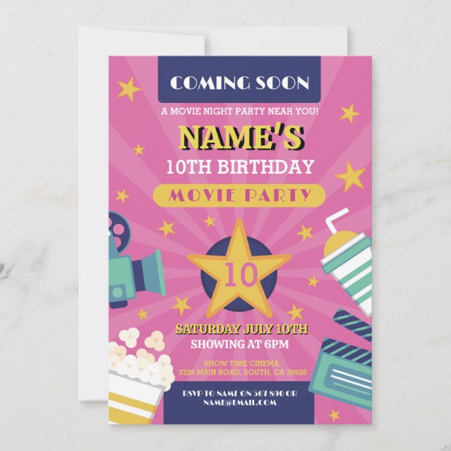 Convite Cinema Noturno Cinema Festa de aniversário Raparig (Frente)