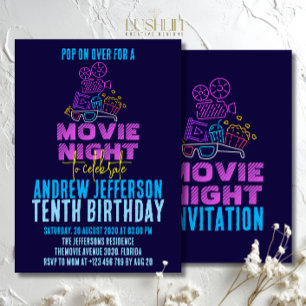 Convite Cinema Noturno Neon Birthday - Cinema em Festa Bri