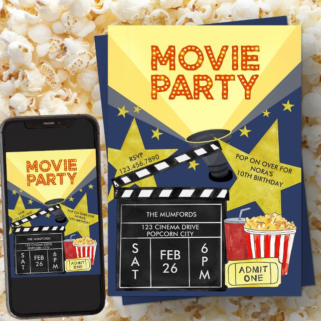 Convite Cinema Party Popcorn Clapperboard Cinema Aniversár (Movie Party Invitation with Popcorn and Clapperboard from my Kids Birthday Invitation collection)
