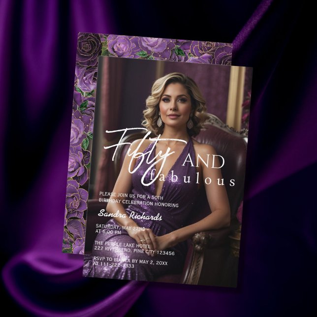 Convite Cinquenta e fabulosa Rosa roxa 50º aniversário (Criador carregado)