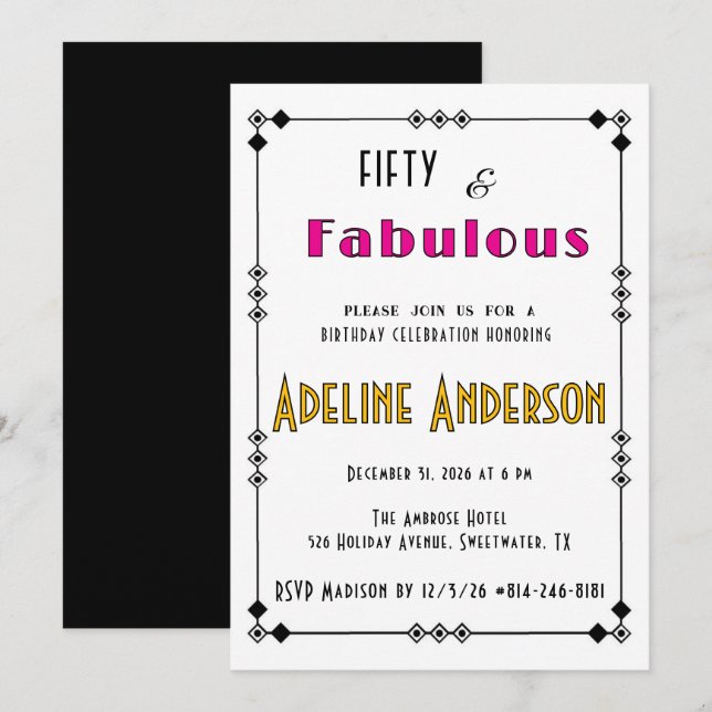 Convite Cinquenta e Fabuloso Black Gold Pink Art Deco   (Frente/Verso)