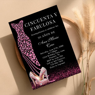 Convite Cinquenta e Fabuloso Pink Glam Espanhol Aniversári