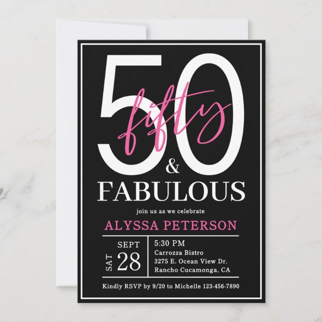 Convite Cinquenta e Fabuloso Script Preto 50º Aniversário (Frente)