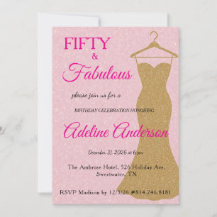 Convite Cinquenta e Fabuloso Script Rosa Dourado Aniversár