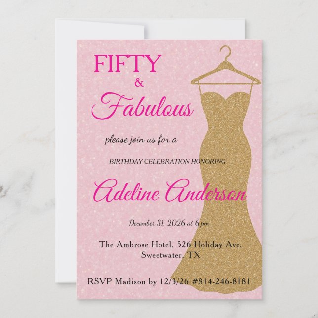 Convite Cinquenta e Fabuloso Script Rosa Dourado Aniversár (Frente)