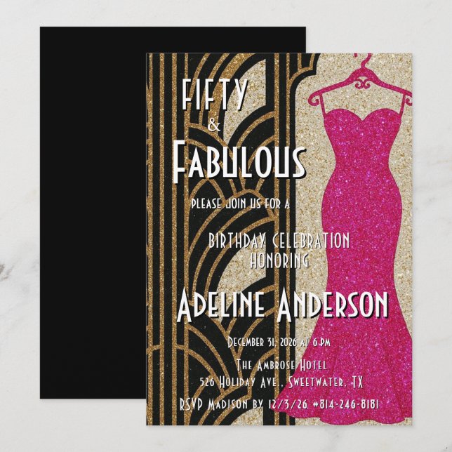 Convite Cinquenta e Fantástico Preto Dourado Rosa Art Déco (Frente/Verso)