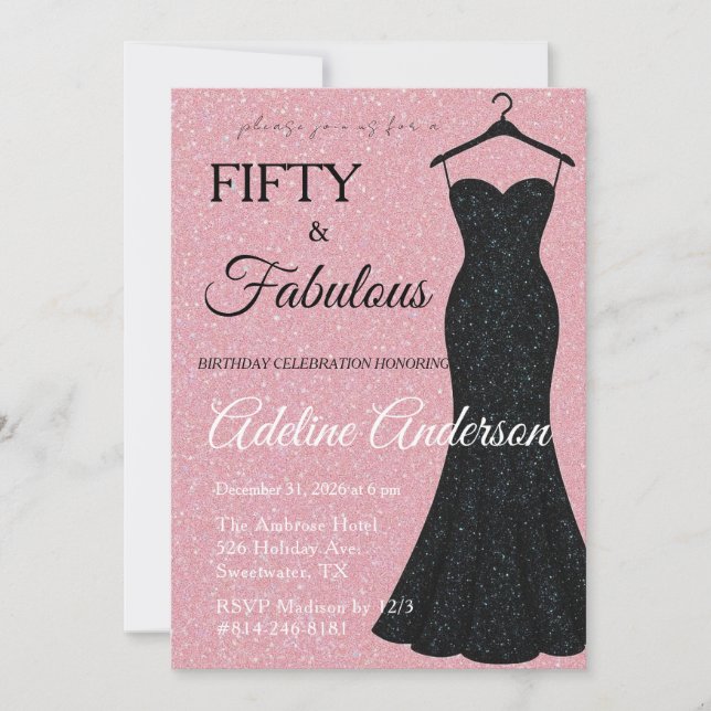 Convite Cinquenta e Fantástico Preto e Rosa Brilho 50º Ani (Frente)