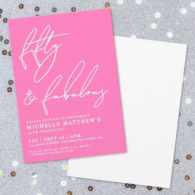 Convite Cinquenta e Fantástico Rosa Quente Aniversário de  (Fifty And Fabulous Hot Pink 50th Birthday Invitation)