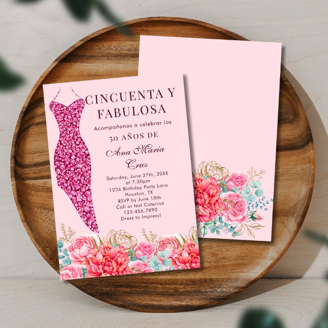 Convite Cinquenta & Fabuloso Flores Rosa Espanhol Aniversá (Criador carregado)