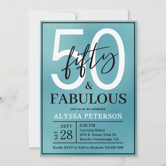 Convite Cinquenta & Fabuloso Teal Script Aniversário de 50 (Frente)