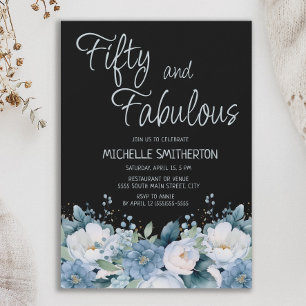 Convite Cinquenta Fabulosos Dusty Blue Branco Floral Preto