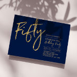 Convite Cinquenta | Festa de 50 Anos de Idade Moderna Mari<br><div class="desc">Celebre seu dia especial com este convite de festa de 50 anos de idade simples e elegante. Este design apresenta uma escrita "Cinquenta" com um layout limpo na combinação de cores azul marinho e dourado. Mais designs disponíveis na minha loja BaraBomDesign.</div>