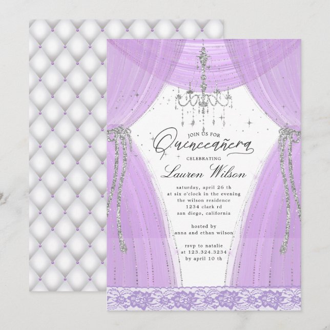 Convite cintilação de candelabro roxo luxuoso Quinceanera (Frente/Verso)