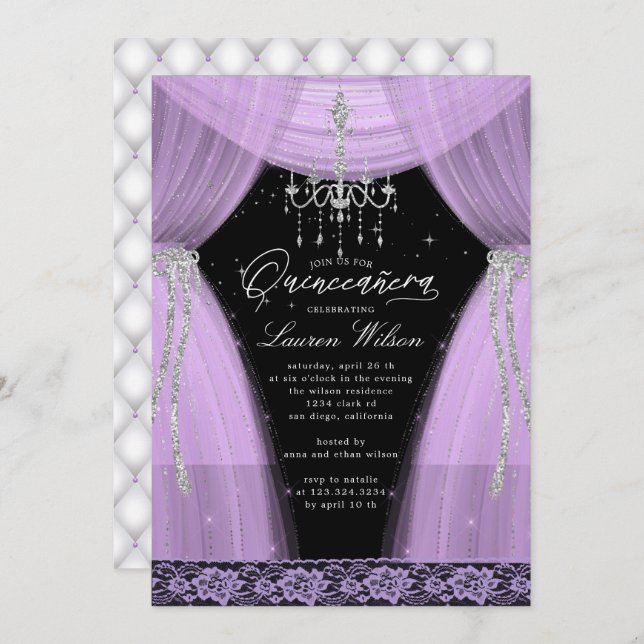 Convite cintilação de candelabro roxo luxuoso Quinceanera (Frente/Verso)