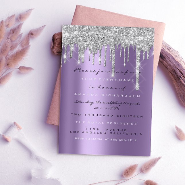 Convite Cintilante Brilho Gota Prata Roxo Cinza Noiva 16º (Criador carregado)