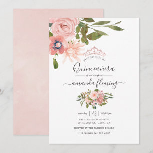 Convite Cintura floral de aquarelas e Quinceañera Rosa Dou