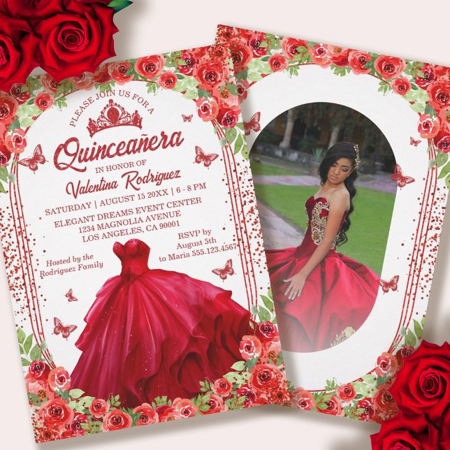 Convite Cintura Floral de Brilho Vermelho Quinceanera (Red Glitter Floral Sparkle Quinceanera Invitation)
