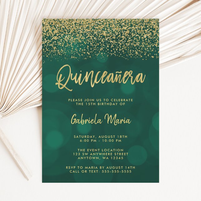 Convite Cintura Verde Dourada do Livro Moderno Quinceanera (Criador carregado)